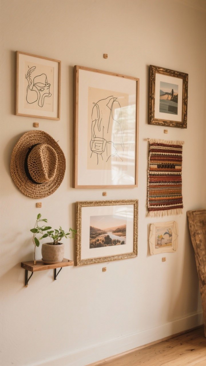Straight-on medium shot of a soulful gallery wall: a curated mix of line drawings, travel photos, a small tapestry, and vintage frames; layout built around the largest piece, with 2–3 inch spacing; an unexpected element—a woven hat and a small shelf holding a tiny plant—adds dimension; cohesive color palette in warm earth tones; soft, even lighting.