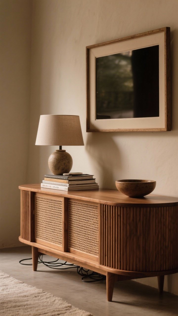 Straight-on medium shot of a textured media unit: fluted wood console with warm wood tone and rounded corners, sized wider than the wall-mounted TV above (in art/frame mode); cane or tambour-door detailing visible; styled top with a stack of art books, a ceramic lamp, and a low bowl; cords hidden; soft evening light for a cozy, earthy vibe.