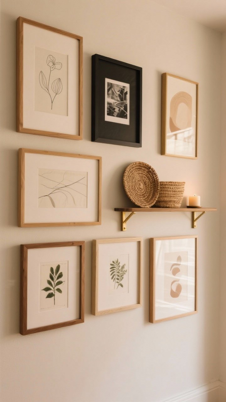 Straight-on medium shot of a warm-neutral gallery wall: cohesive palette with mixed frames in light oak, matte black, and warm brass; off-white and linen mats; art includes minimal line drawings, botanical prints, monochrome photography, and soft abstract washes; spacing kept at 2–3 inches between frames; a woven basket lid and a tiny wall shelf with a single candle subtly break the grid; gentle warm ambient light to keep the scene calm and curated.