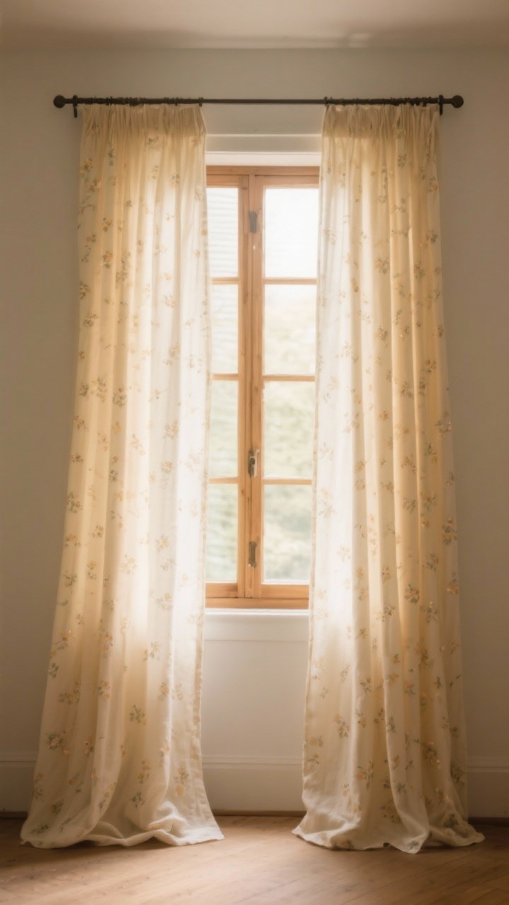 Straight-on medium shot of a window dressed in light-filtering linen curtains that softly puddle on the floor, hung high and wide on a simple iron rod; fabric in warm cream with a barely-there ditsy floral pattern; gentle, glowy diffused light pouring in, wooden trim visible, no blinds or plastic elements.
