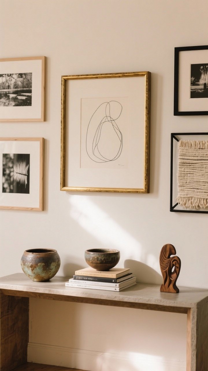 Straight-on medium shot of an edited modern boho gallery wall: 3–6 pieces in a tight palette—black-and-white photos, minimal line drawings, and one textile art piece. Mixed frames in light wood, black metal, and a single brass frame for warmth. One large artwork anchors the arrangement at eye level, with breathing room around it. Below, a console displays objects with patina: handmade pottery bowls, stacked books, and a small carved wood piece. Warm ambient light with gentle shadows, matte finishes.
