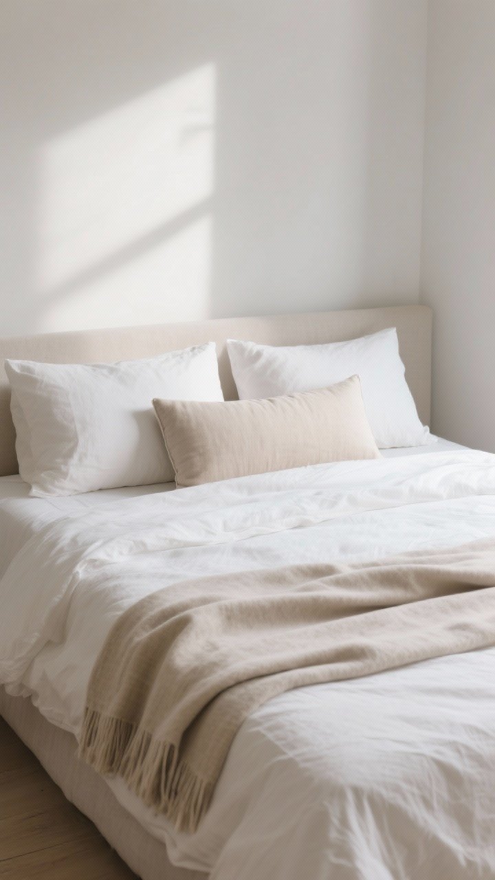 Straight-on medium shot of an everyday-easy styled bed: two sleeping pillows, two shams, one long lumbar pillow, and a neatly draped throw at the foot; medium-loft duvet laying smooth, linen or percale textiles in ivory and sand; morning light suggesting quick, effortless styling, photorealistic.