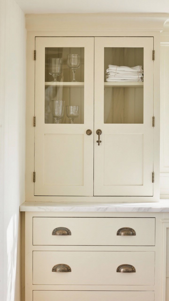 Straight-on medium shot of classic cabinetry: Shaker-front cabinets painted warm cream with greige undertones; drawers with bin pulls and doors with latch closures in aged metal; two upper cabinets with glass fronts displaying simple glassware and folded linens; neutral, bright daylight for a timeless, soulful look.