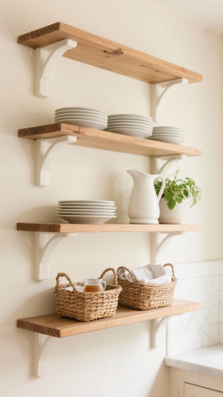Straight-on medium shot of curated open kitchen shelving in warm wood with painted brackets matching the wall color; shelves styled in a tight color story of whites, creams, and wood tones; grouped in threes with stacked plates, a white ceramic pitcher, and a small green plant; woven baskets discreetly housing napkins and tea; uncluttered, functional arrangement against a creamy neutral wall, bright but soft natural light
