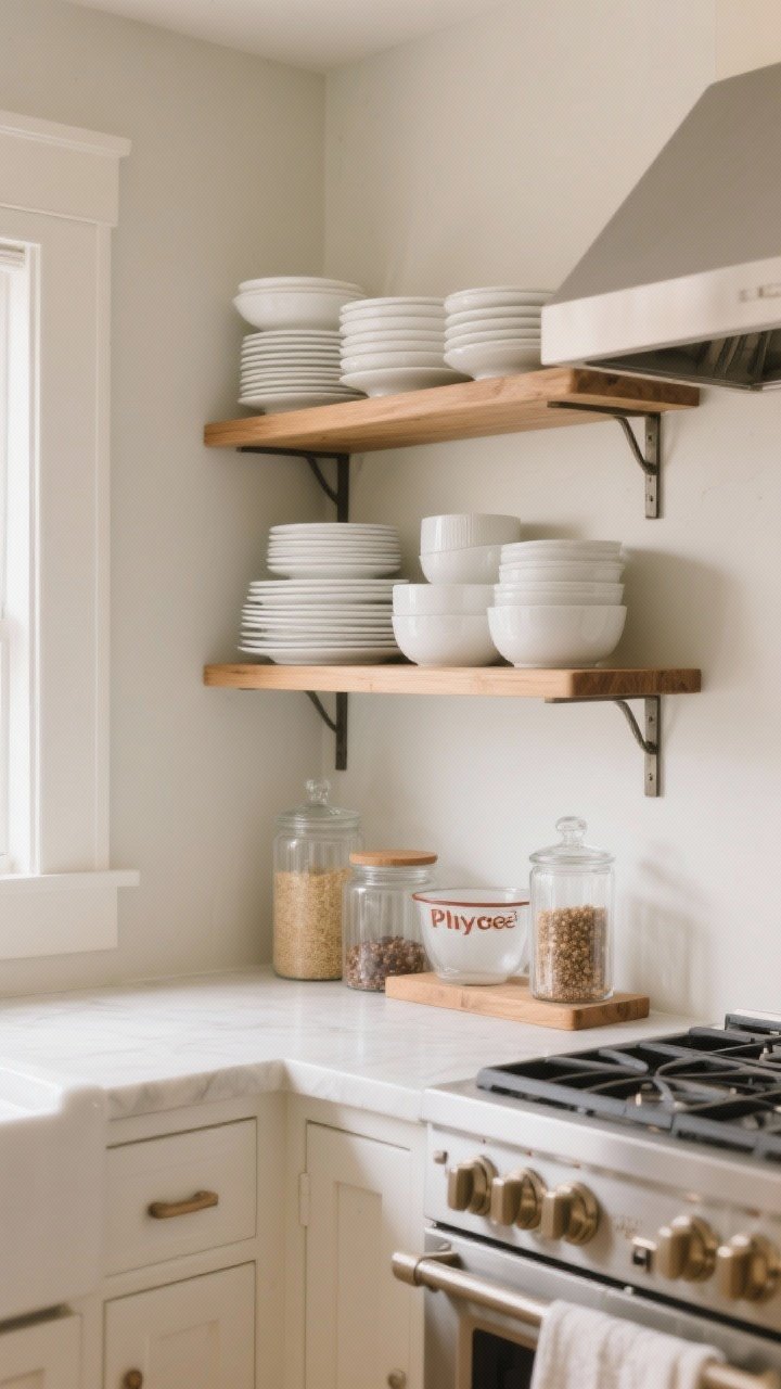 Straight-on medium shot of open kitchen shelves styled to work: neatly stacked whiteware plates and bowls, clear glass canisters with pantry staples, a few vintage Pyrex pieces elevated on risers; everyday items placed near a stove area to minimize dust; wood shelves against a neutral wall, consistent palette of white, clear glass, and warm wood, soft morning light, photorealistic.