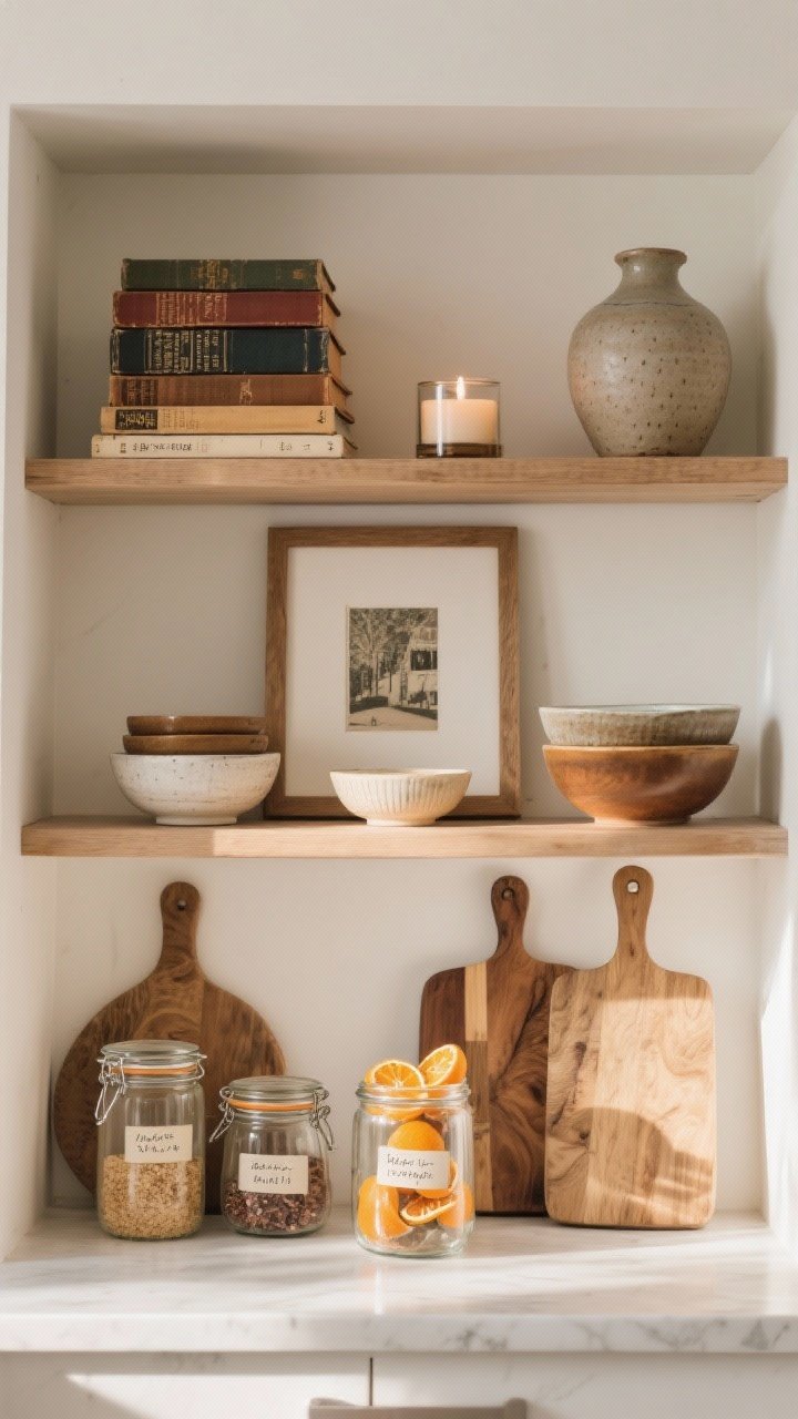 Straight-on medium shot of open kitchen shelves styled like a story: groups of three items with varied heights—stacked old books, a small ceramic vase, a candle—layered framed print behind mismatched bowls, glass jars decanted with pantry staples and handwritten labels, wooden cutting boards for texture; seasonal dried oranges tucked into a jar, warm morning light.