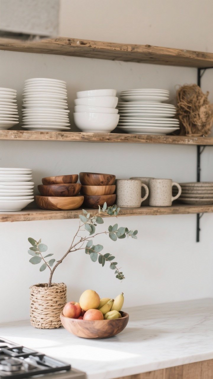 Straight-on medium shot of open kitchen shelves styled the rustic way: stacks of white dishes, wood bowls, and stoneware mugs grouped by material; a dried eucalyptus sprig and a small branch woven in; a bowl of seasonal fruit up front; functional, edited arrangement with negative space; gentle, even daylight.