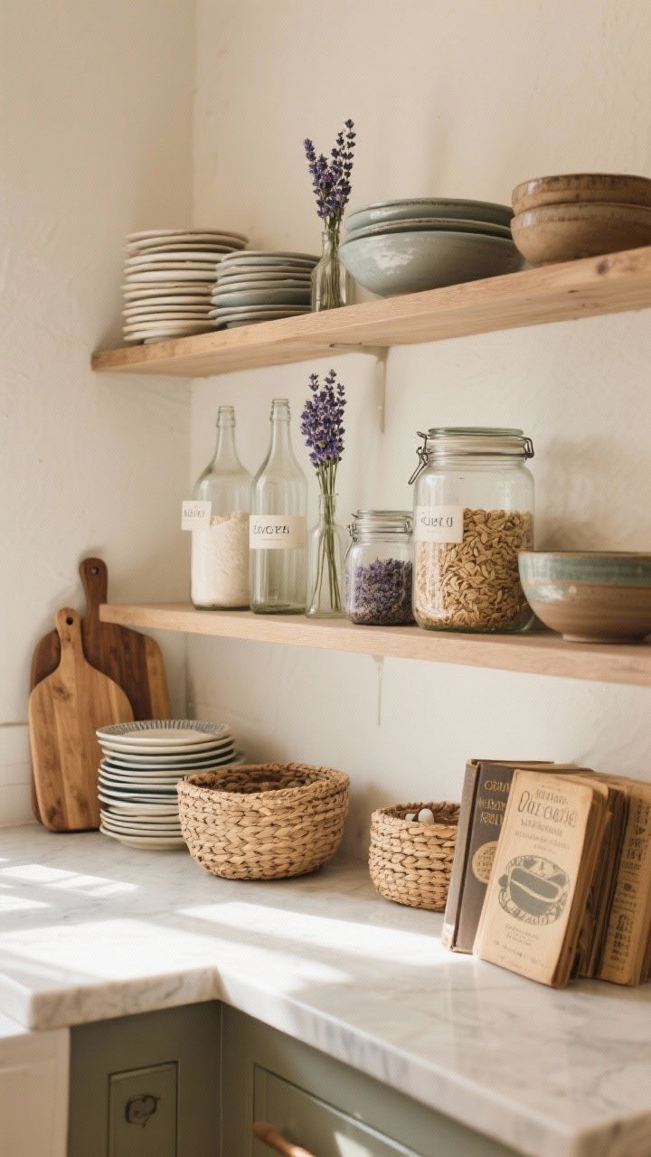 Straight-on medium shot of open kitchen shelving styled with useful beauty: stacks of ceramic plates, wooden cutting boards leaning against the wall, glass jars of flour, oats, and dried lavender decanted and labeled, tall glass bottles, squat bowls, woven baskets, and a couple of vintage cookbooks; grouped in odd-number clusters, warm ambient daylight.