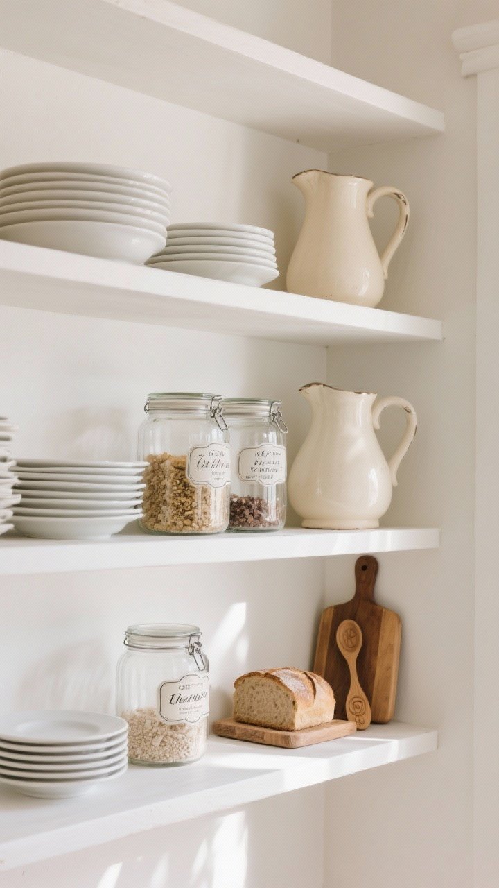 Straight-on medium shot of open shelving styled with whites: cream ironstone pitchers, white ceramic plates stacked, glass jars with vintage-style labeled script holding pantry staples; shelves only two-thirds full, a few wooden accents like a small bread board and a carved spoon for warmth; soft, clean daylight with subtle shadows, minimal dust, uncluttered composition.