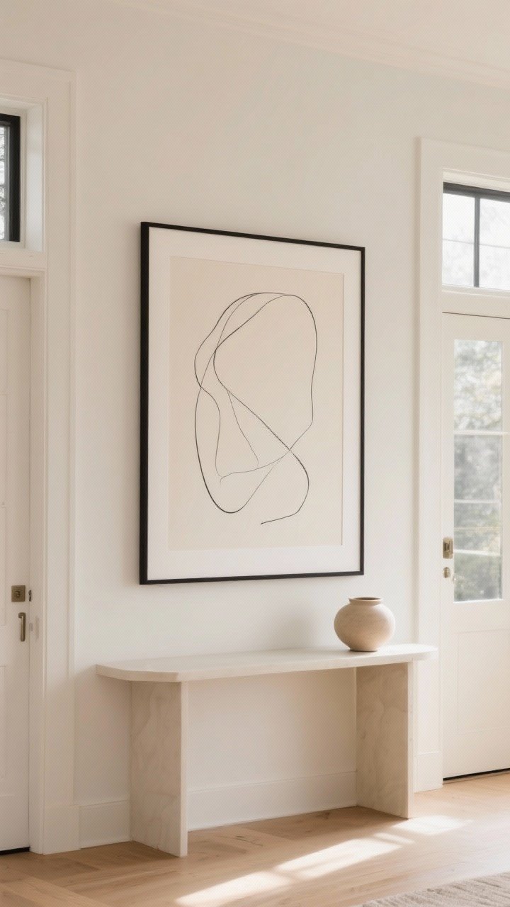 Straight-on medium shot of simple oversized art: a single large abstract line drawing in a thin black frame, centered at eye level around 57" midpoint on a warm white wall; generous breathing space from windows and doorways; off-white mat elevating the piece; a console below with one neutral ceramic vessel; clean, modern minimal mood.