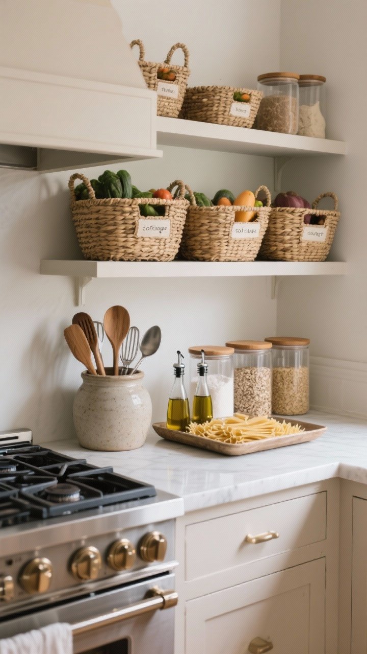 Straight-on medium shot of “soft storage” zones: woven baskets filled with produce on open shelves, a stoneware crock corralling wooden and metal utensils beside the stove, a set of clear labeled jars with wood lids holding flour, oats, and pasta; a tray by the stove grouping oils and salt for a tidy look; calm neutral backdrop and clean, practical styling