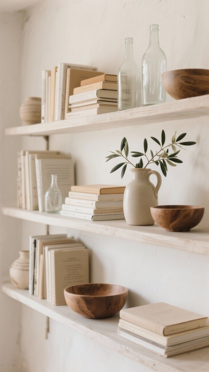 Straight-on medium shot: Open shelving styled the calm way—books grouped in soft neutral spines, some stacked horizontally for texture; spaced ceramics, wooden bowls, and clear glass bottles arranged by material and height; a trailing plant or olive branches in a simple jug for gentle greenery; intentional negative space between groupings; soft daylight, clean farmhouse aesthetic.