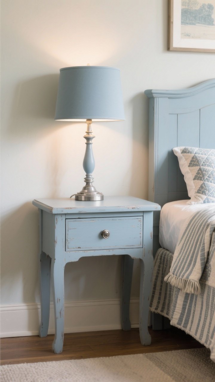 Straight-on medium shot: painted cottage-style nightstand in muted dusty blue, clean form with soft edges, no heavy distressing; pewter/brushed nickel hardware; lamp shade color-matched to the wall for cohesion; backdrop includes patterned quilt or striped throw on bed to show layer-ability; gentle, even warm lighting, photorealistic.