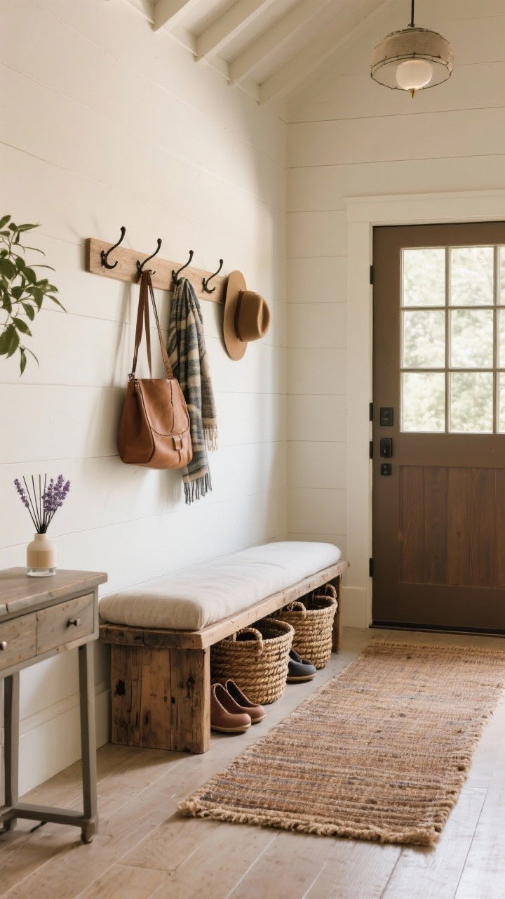 Straight-on medium shot: Serene farmhouse entryway designed for exhale. A slim reclaimed-wood bench with a soft cushion, woven baskets tucked beneath for shoes and scarves, wall hooks holding bags and hats. A low-pile runner in earthy tones grounds the floor. A subtle diffuser on a small console emits cedar or lavender. Warm natural light, tidy and welcoming.