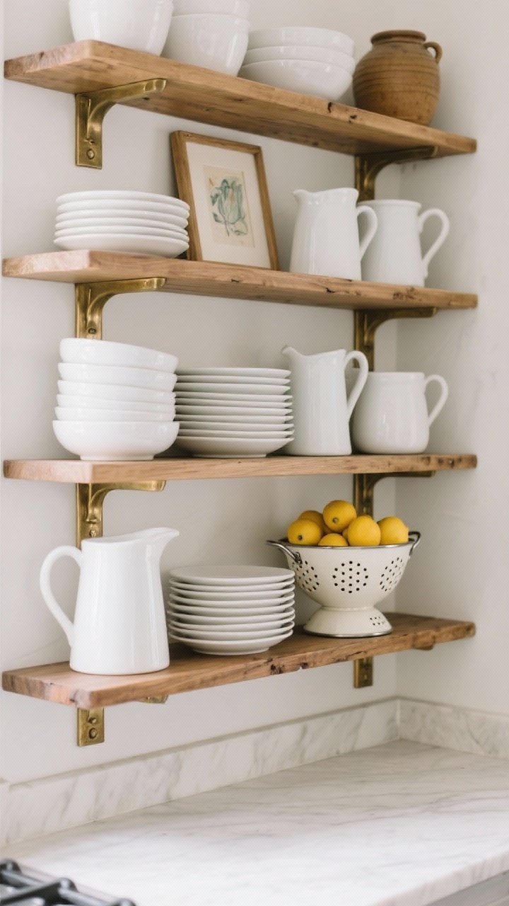 Straight-on medium view of open kitchen shelving styled 2/3 functional, 1/3 decorative: stacks of everyday white bowls, mixing pitchers, a vintage colander filled with lemons; repeated materials—wood shelves, white ceramics, brass brackets; a few decorative items like a small art frame and a crock; practical, lived-in arrangement with minimal dust.