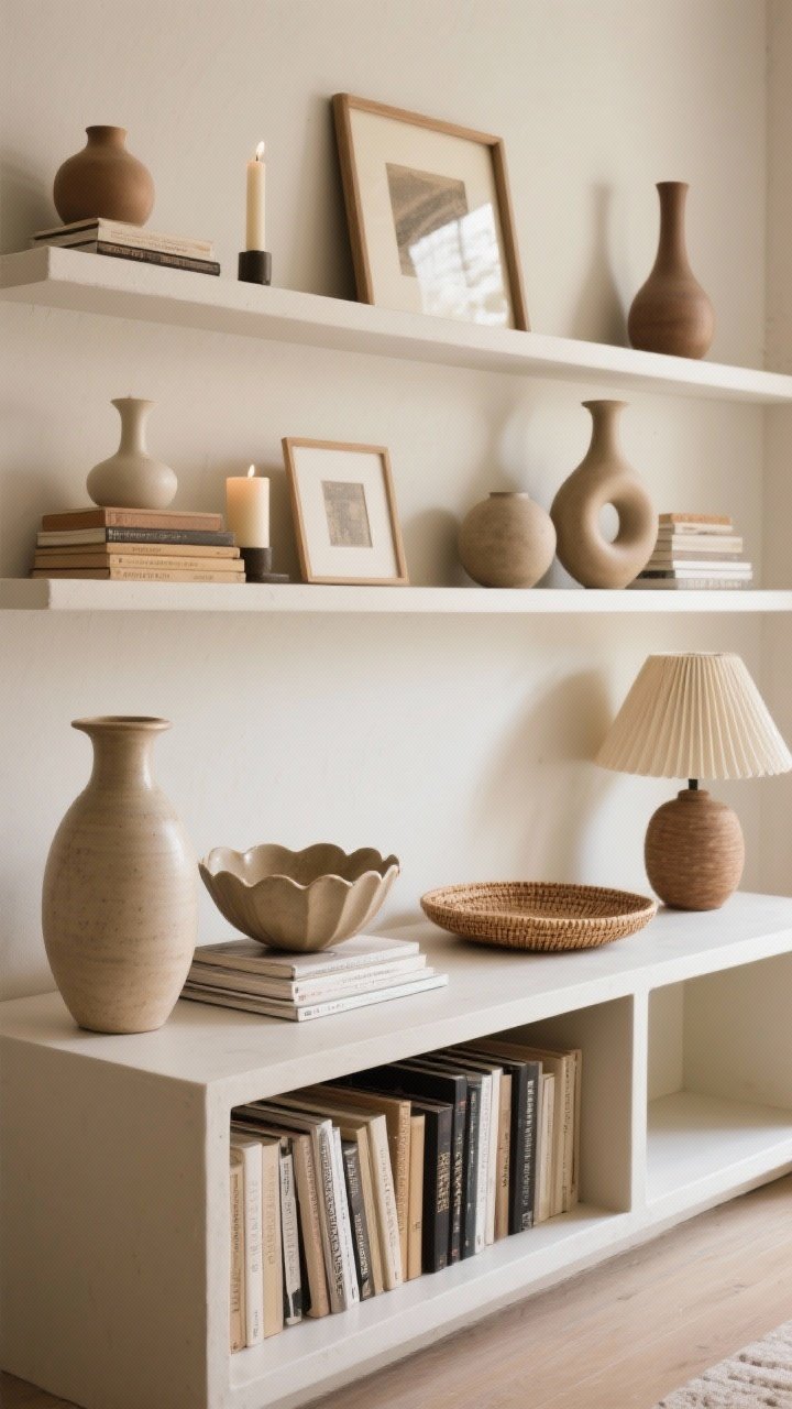 Straight-on shelf and console styling scene that feels collected, not staged: open shelving with the rule of thirds—tall ceramic vase, medium stack of books, low sculptural bowl—repeated loosely across. Books arranged both horizontally and vertically with a candle and tiny frame on top. Include curvy vases, a scalloped bowl, a rattan tray, and a pleated lampshade nearby. Leave one shelf cubby intentionally empty as negative space. Soft, indirect daylight for a relaxed, lived-in feel.