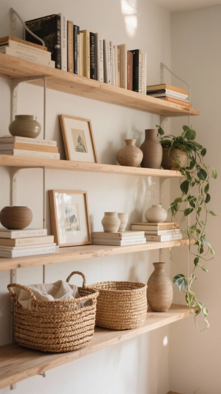 Straight-on shelf styling detail: open shelving with breathable spacing, books stacked both horizontally and vertically, ceramics and small framed art interspersed, woven baskets concealing clutter, and a trailing plant; repeated materials—wood, rattan, linen—creating cohesion; soft, indirect light.