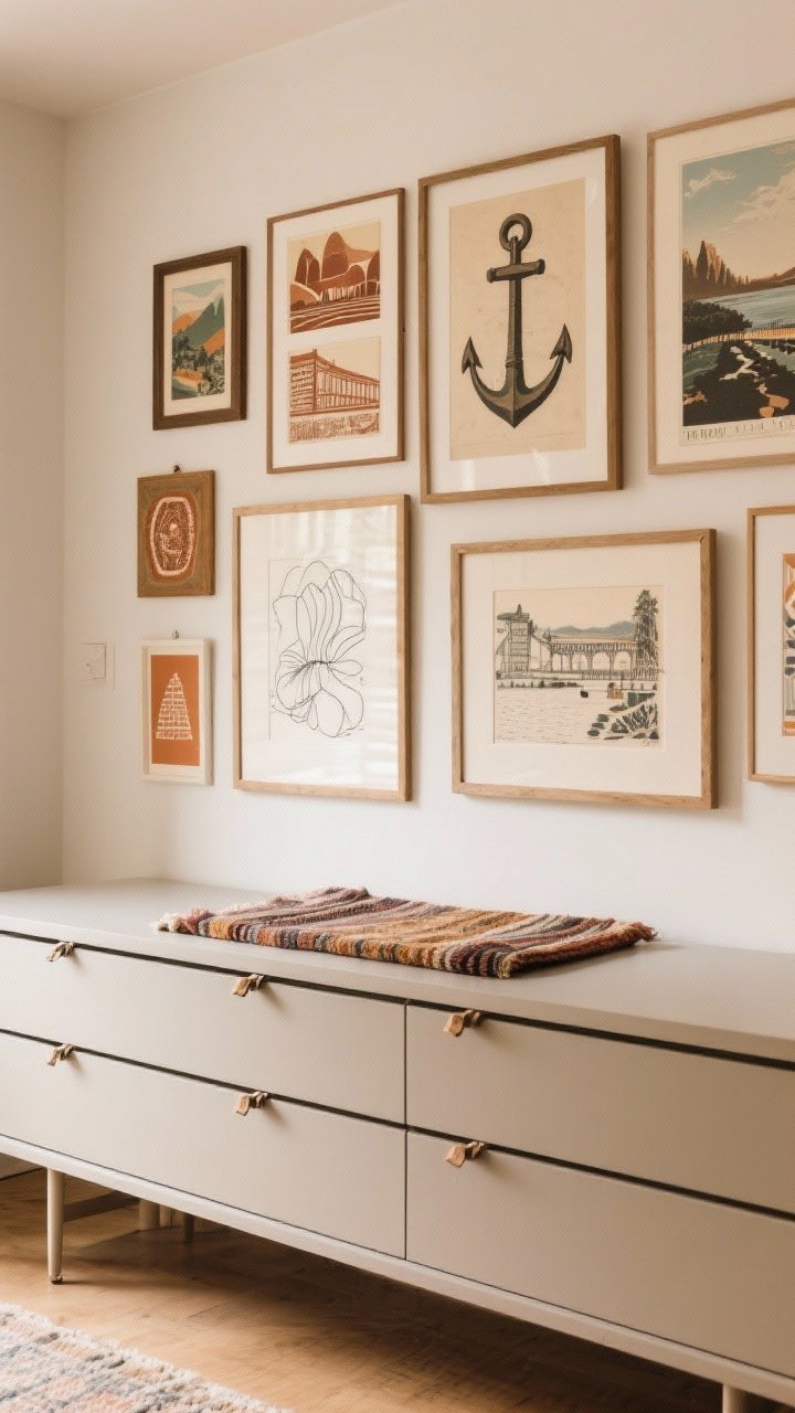 Straight-on wide shot of a curated global gallery wall above a low dresser: mix of travel prints, block prints, line drawings, and a small textile (mini rug or vintage scarf) for texture; varied frame sizes with one or two larger anchor pieces and smaller satellites; warm-toned palette cohesion; pieces hung so the center is around 57 inches from the floor; use of removable rails/strips suggested by visible clip rails; soft daylight; photorealistic.