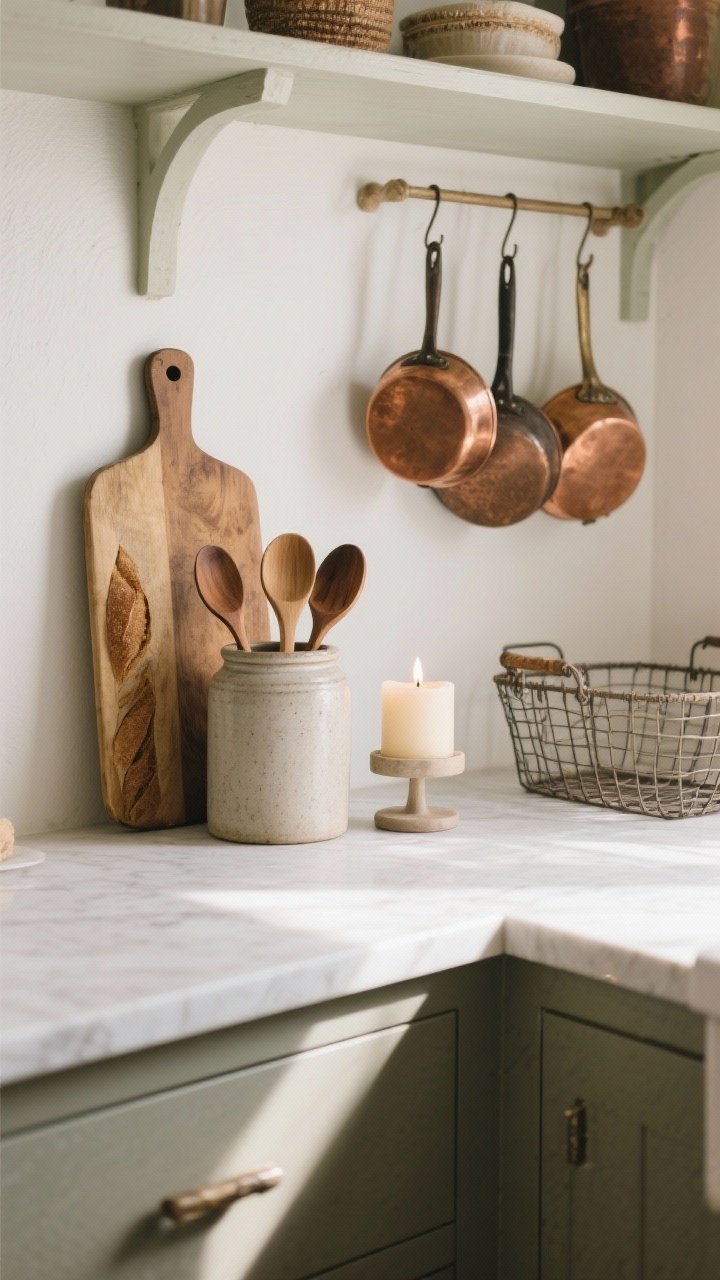 Styled detail shot of curated everyday collections on a countertop: a tall stoneware crock holding wooden spoons, a medium vintage bread board propped vertically, a low candle in a simple holder, a small cluster of copper pans hung nearby, and a wire basket on a shelf; arranged using the rule of three and varying heights; soft afternoon light and plenty of breathing space to avoid clutter.