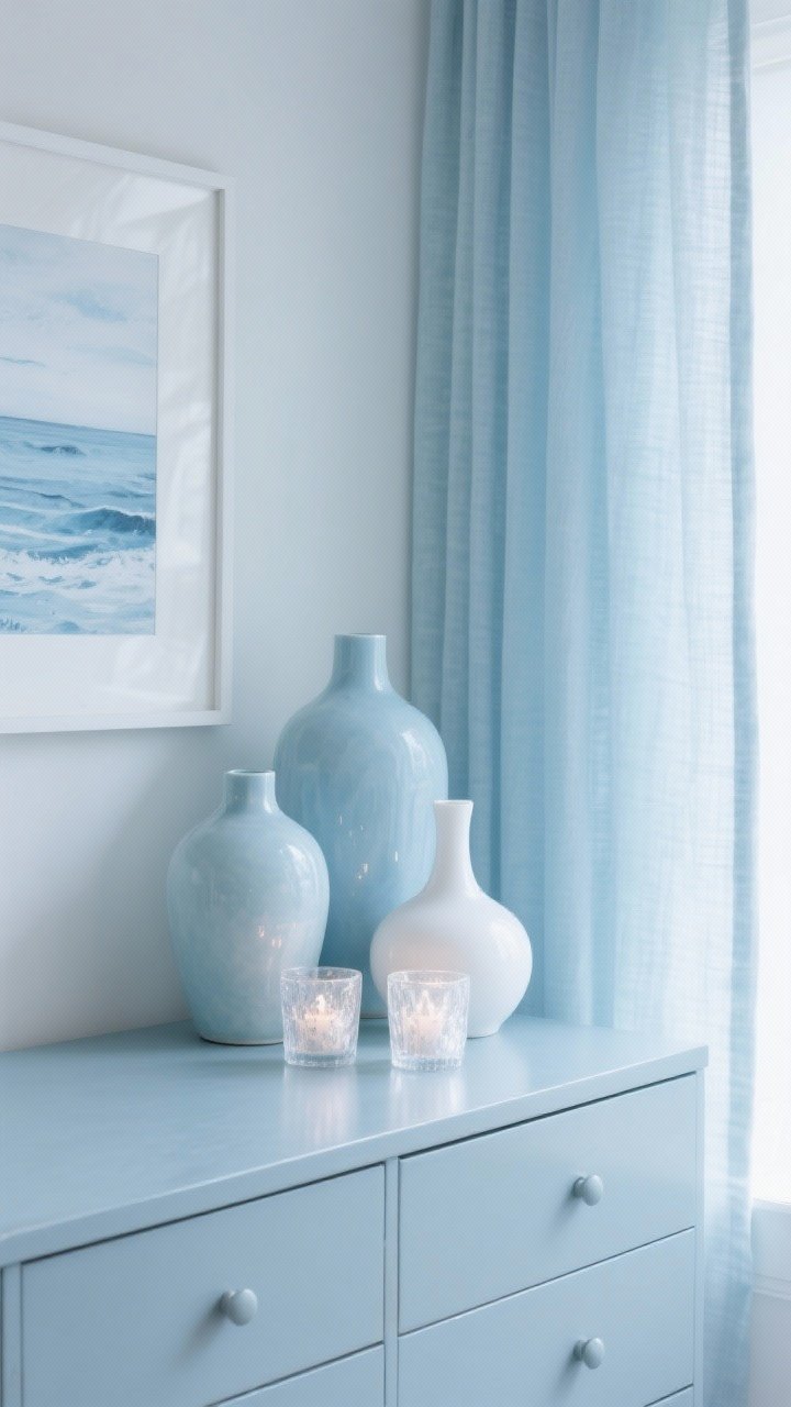 Styled vignette closeup on a dresser: a trio of ceramic vases in misty blue and white grouped together, frosted glass candleholders/votives providing a wintery shimmer, a small framed art print featuring an abstract seascape in muted blues leaning against the wall, and pale blue linen curtains softly pooled at the edge of the frame; repeat frosted blue tones multiple times for cohesion; soft ambient daylight with slight glow.