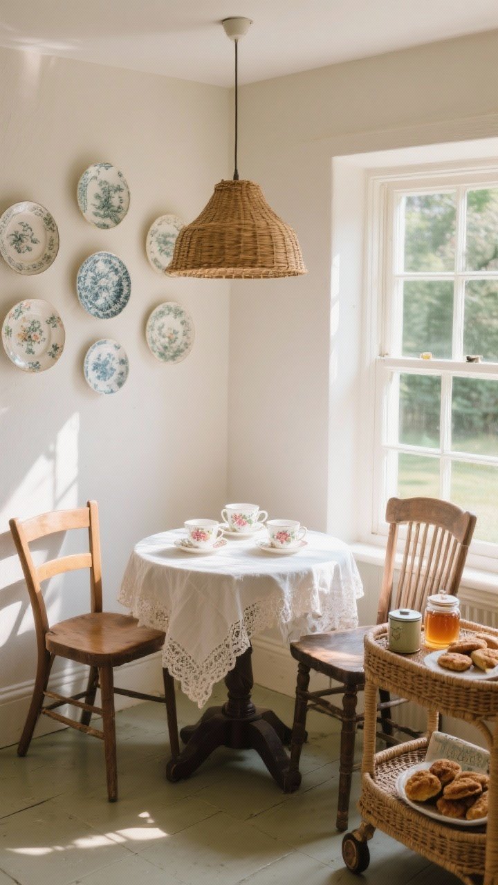 Sunlit medium shot of a petite tea table parlour by a window: small round table draped with a tiny lace cloth, two mismatched wooden chairs, floral tea set arranged for two; rattan pendant overhead, wall-mounted plate display of vintage plates, and a woven trolley nearby holding tea tins, honey, and weekend scones; gentle afternoon light.