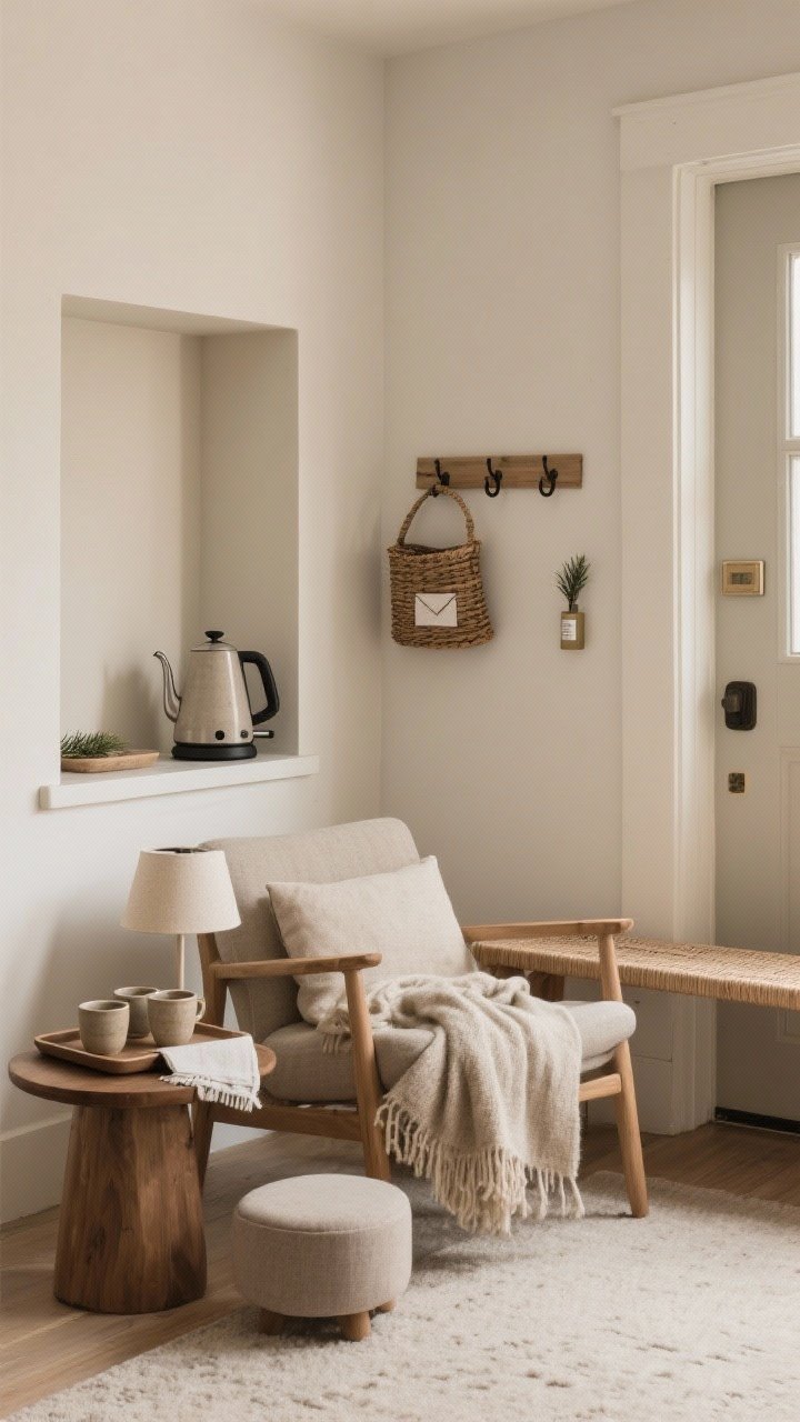 Trio-style detail collage scene of slow-living micro-ritual corners, shot from a corner angle: left foreground tea nook with electric kettle, stoneware mugs on an open tray, and a linen towel; mid-ground reading chair with low lamp, wool throw, small side table and footstool; right side entry reset with bench, woven basket for mail, wall hooks, and a subtle diffuser labeled cedar/pine; all in calm neutrals, soft warm lighting, clutter-free and grab-and-go
