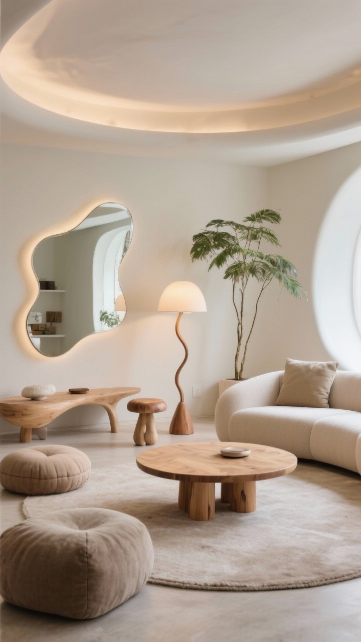 Wide-angle living room capturing organic shapes and low profiles: a low slung sofa, rounded wood coffee table, mushroom stool side table, curved floor lamp, and a wavy mirror; mix of heights with floor cushions and a tall plant for balance; soft, serene lighting to enhance curves.