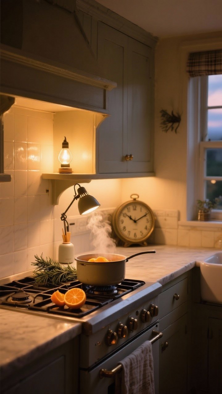 Wide, atmospheric evening shot capturing cottagecore mood: kitchen aglow with 2700K warm LED bulbs, a tiny clip-on lamp casting a cozy pool of light on a shelf, a diffuser emitting gentle steam beside a pot of simmering orange peel and rosemary on the stove, and a classic gently ticking clock on the wall; soft reflections, subdued shadows, no people, enveloping golden-hour warmth.
