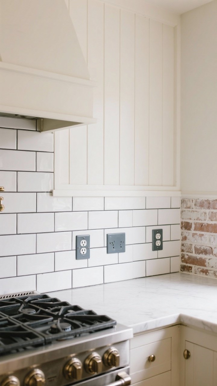 Wide backsplash-focused shot of a stove wall: white subway tile with dark grout lines for subtle vintage edge; color-matched outlet covers blending into the tile; adjacent paneling of beadboard painted creamy white and a small accent of thin brick with a light wash at a side wall, showing options in one cohesive scene; clean, even light.