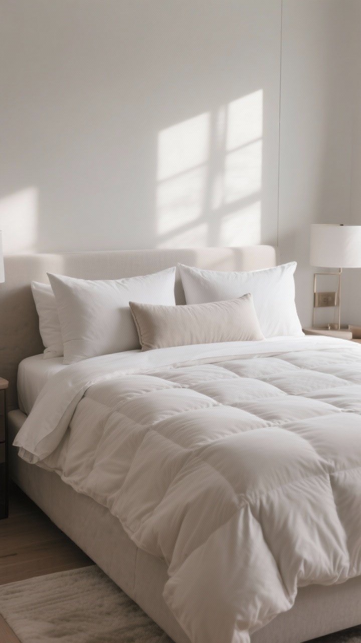 Wide bed-focused shot: The softest cloud bed styled for maximum plushness—a visible mattress topper under smooth bedding, a duvet cover stuffed with two duvet inserts for hotel-level loft, and a pillow setup of two sleeping pillows, two Euro shams, and one long lumbar pillow. Color styling: shams match the duvet; sheets in a slightly lighter or darker neutral for serene contrast. Morning natural light with soft shadows, textures crisp and inviting, photorealistic.