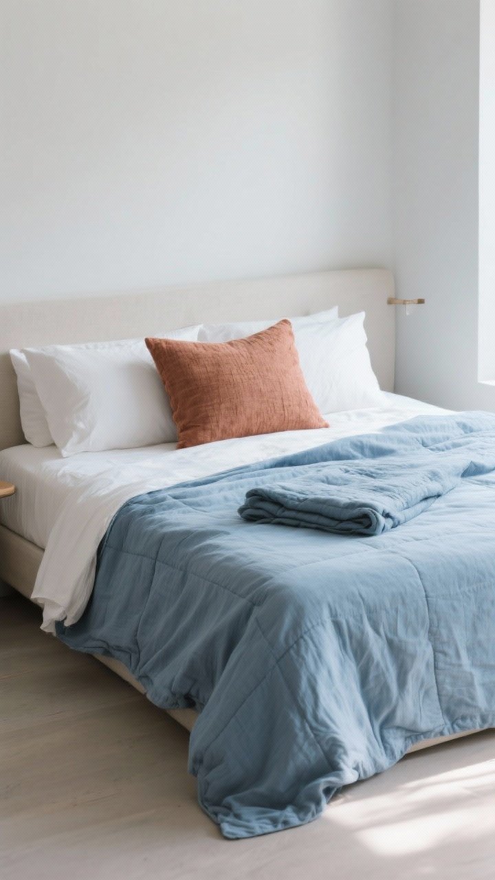 Wide bedroom shot: A calm bed dressed in glacier blue linen duvet with a relaxed rumple, crisp white percale sheets peeking at the edges, a muted clay/rust textured lumbar pillow at center, and a lightweight tonal blue-grey quilt folded at the foot. Morning natural light for a serene atmosphere, minimal accessories. Photorealistic, straight-on view.