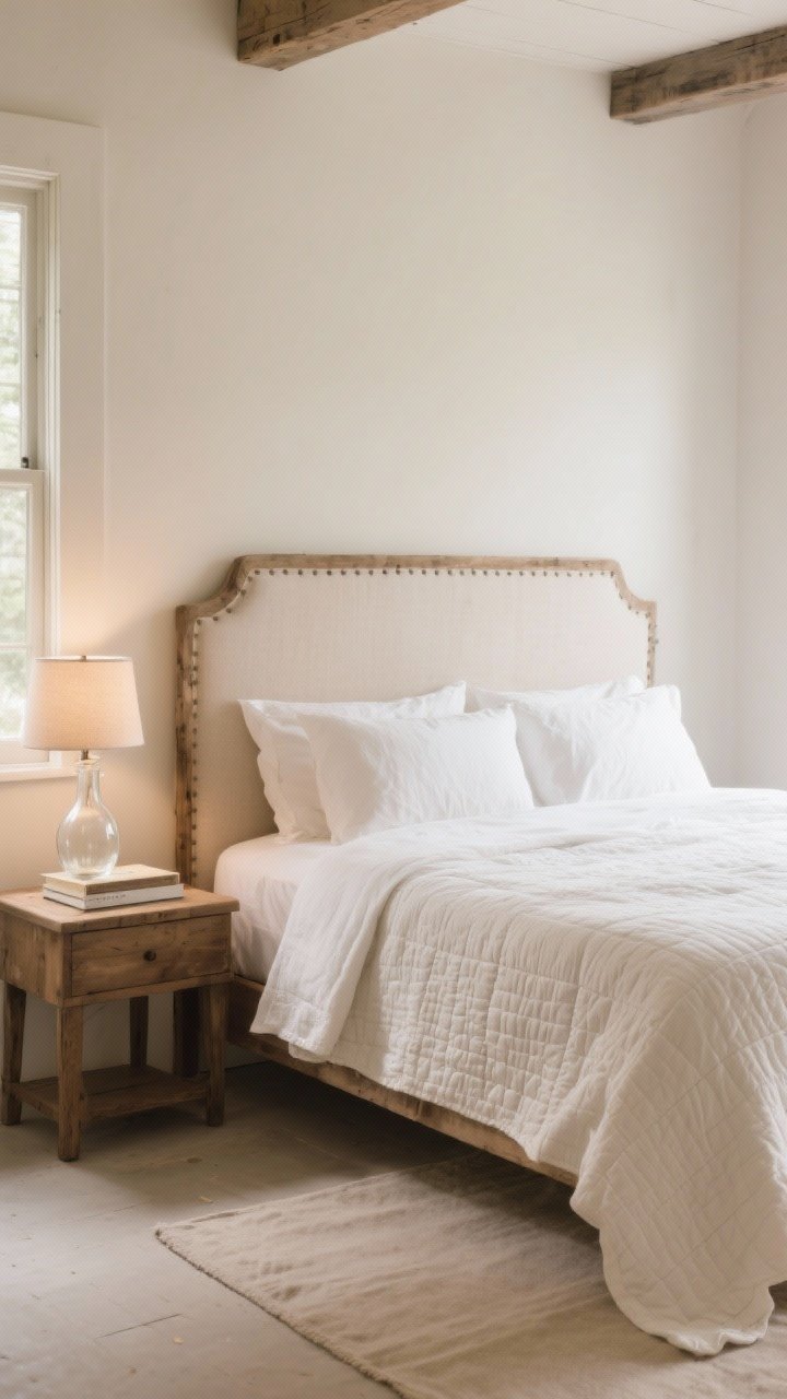 Wide bedroom shot: A calm farmhouse sanctuary with breathable natural materials—linen or cotton percale sheets in warm white, a quilted coverlet layered with a lightweight duvet, simple linen-upholstered headboard or rustic wood frame. Bedside nightstand holds only a glass carafe, a single book, and a soft-glow lamp. Neutral palette, soft textures, uncluttered, gentle morning light.