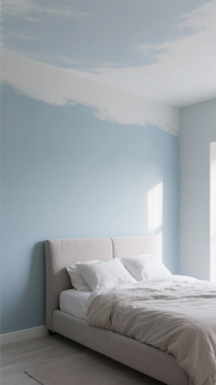 Wide bedroom shot: a serene space painted in soft frosted blue with a gray undertone, matte finish walls and a ceiling one shade lighter for a floating, cloud-like effect; minimal furnishings to highlight the color palette, morning natural light washing over the walls to show the whisper-cool tone; include a simple upholstered headboard and neutral bedding to let the paint be the hero; photorealistic, calm Hygge mood, no people.