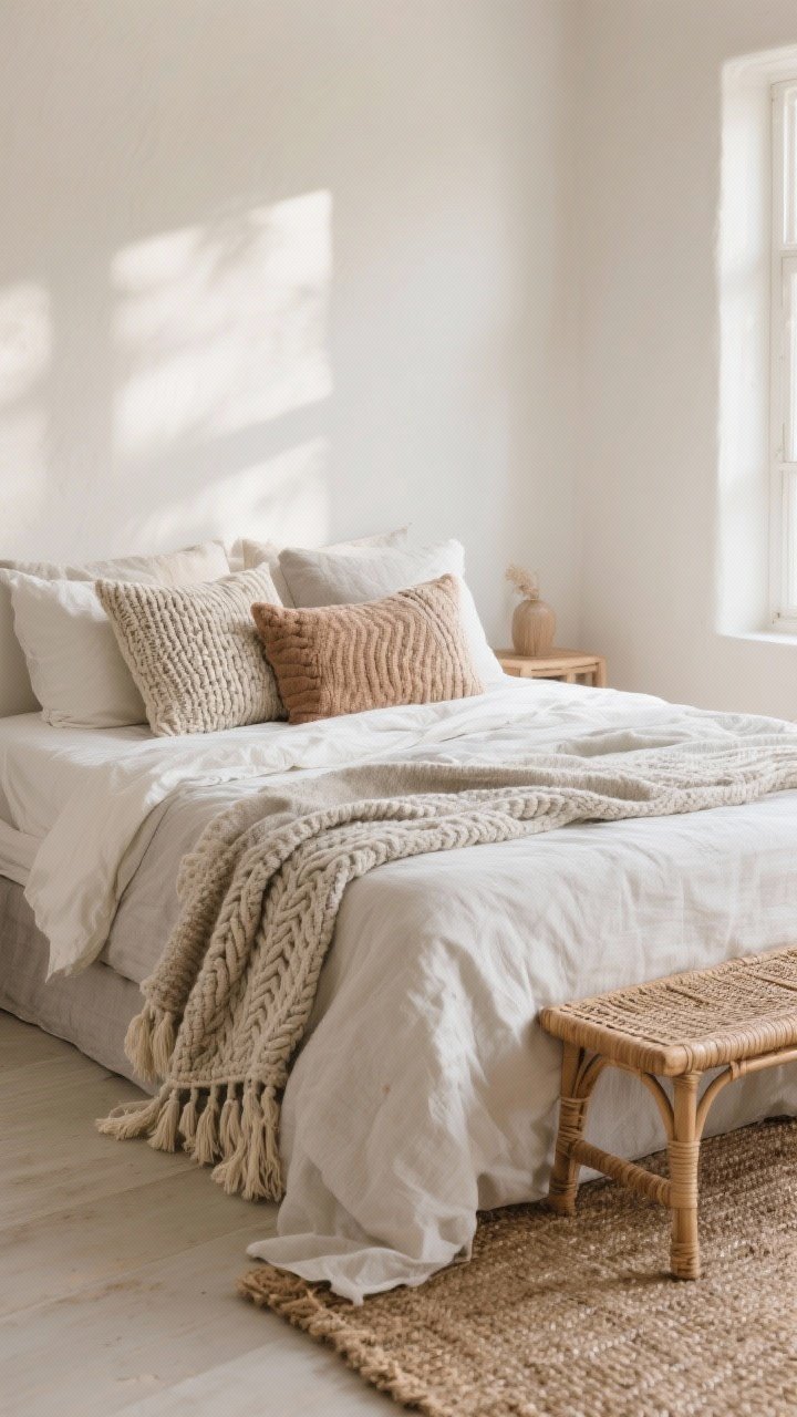Wide bedroom shot, boho style, showcasing expertly layered textures on a bed: cream linen duvet base, greige sheets, three mixed-texture pillows plus one long lumbar, a chunky cable-knit throw draped at the foot, subtle fringe and tassel accents; keep patterns minimal, let texture lead; neutral palette in cream, greige, clay; slightly rumpled, lived-in look; natural morning light streaming in; rattan bench at foot of bed, jute rug underfoot; no people, photorealistic.