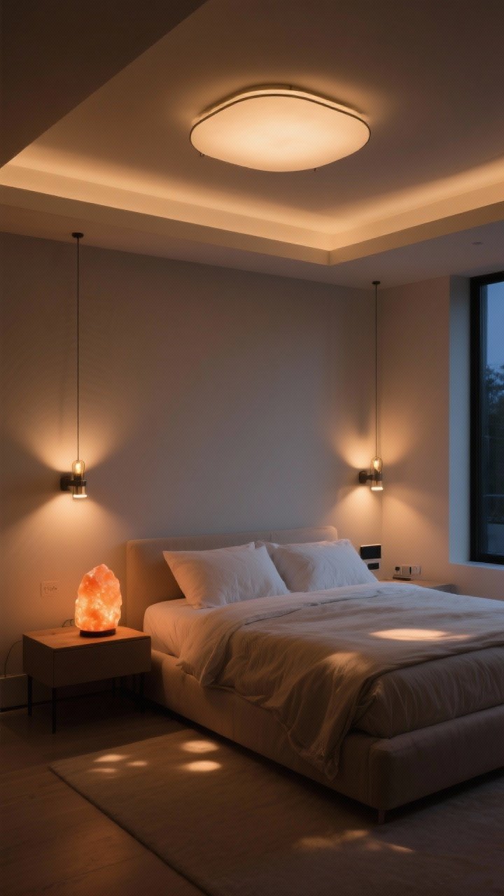 Wide bedroom shot emphasizing warm, layered, dimmable lighting: one central ceiling light on low dim setting, two bedside sconces with focused down-cast beams, and a soft amber ambient glow from a small salt-lamp-style light; bulbs set to warm 2200–2700K, no screens or visible chargers; serene, uncluttered space with neutral bedding; night scene with pools of light and gentle shadows; straight-on view, photorealistic.