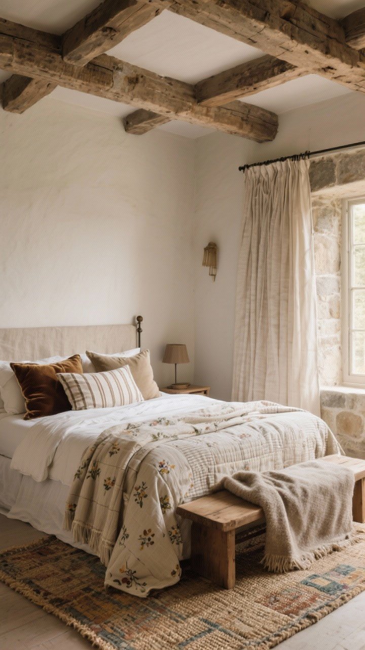 Wide bedroom shot showing architecture softened by textiles: exposed beams and stone balanced with floor-to-ceiling washed linen curtains, a vintage rug layered over a jute base, a quilt folded at the foot of the bed, and a draped throw over a wooden bench; throw pillows in linen, velvet, and wool with quiet patterns—stripes, checks, small florals; warm, diffused morning light.