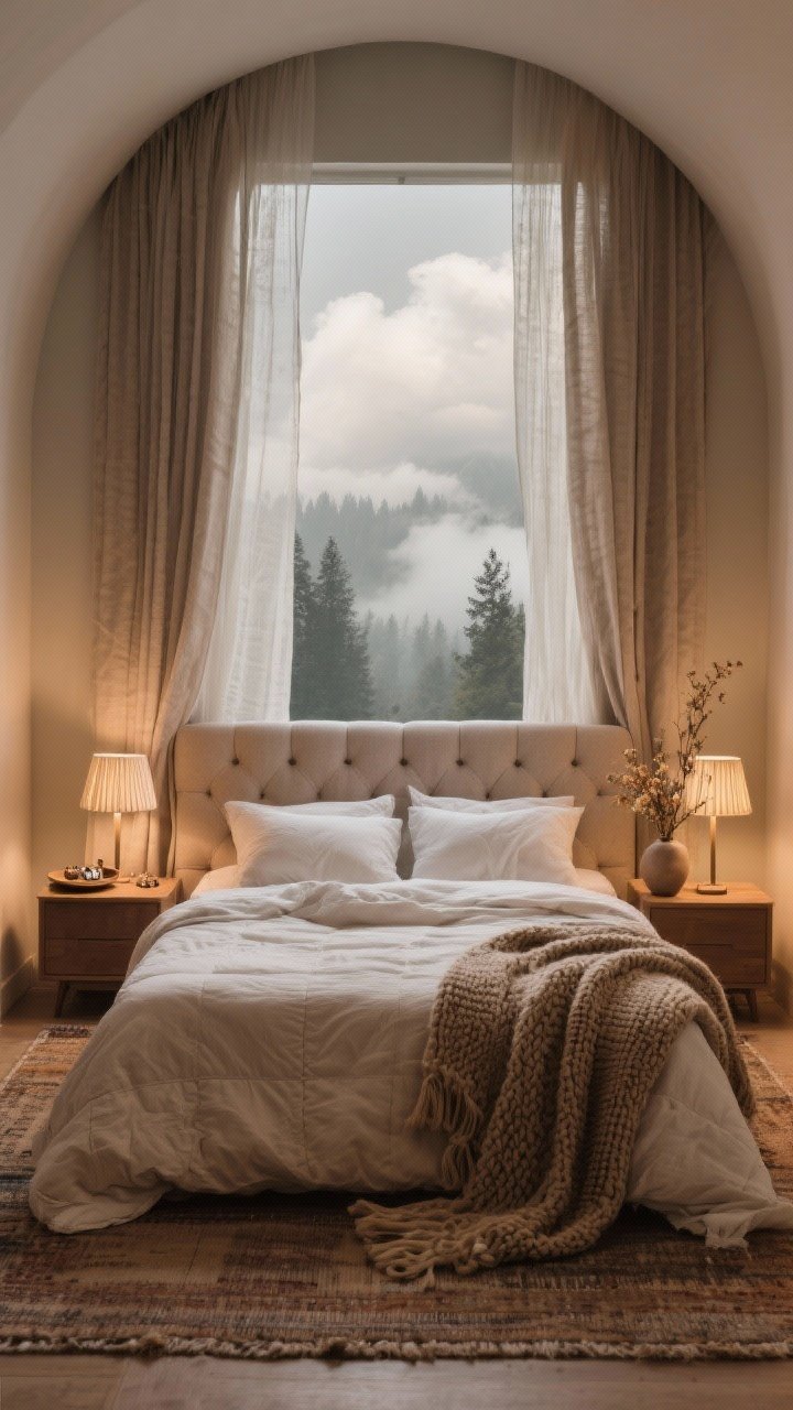Wide bedroom shot that feels like a cocoon: linen sheets, a light quilt, a plush duvet, and a knitted throw layered in soft, earthy tones; an upholstered linen headboard with gentle tufting; nightstands styled with petite lamps with pleated shades, a small dish for jewelry, and dried flowers in a bud vase; double curtains—sheer inner layer and heavier outer panels; small rugs on each side of the bed; warm, low lighting for a cloud-in-a-forest mood; photorealistic.