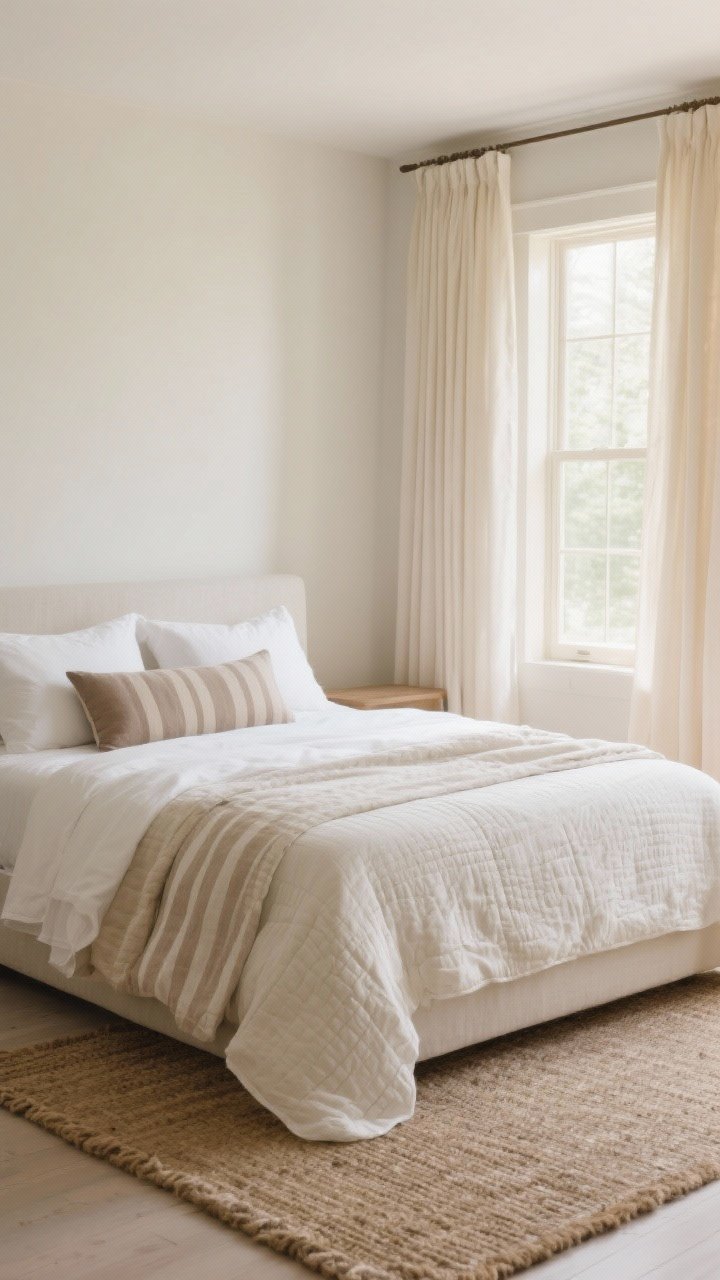 Wide, calming bedroom shot with layered linens: crisp white percale sheets, a textured lightweight quilt in soft cream, topped with a neutral linen duvet in a muted thin stripe; pillows include two sleeping pillows and one long lumbar cushion for polish; blackout linen curtains in warm off-white frame the window; a soft jute-wool rug underfoot; palette of cream, oatmeal, and taupe; serene early-morning light.