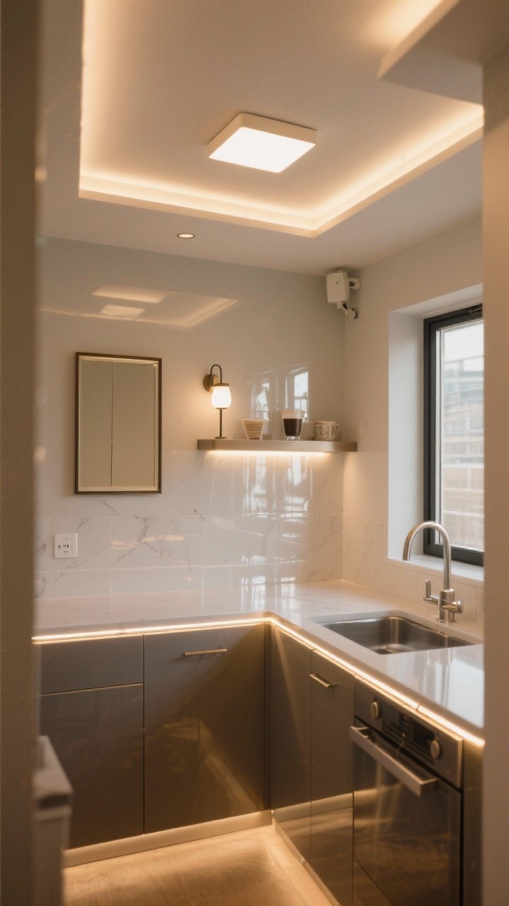 Wide, ceiling-to-floor view of layered lighting that enlarges a small kitchen: warm white (2700–3000K) under-cabinet LED strips illuminating clear counters, a slim low-profile ceiling fixture centered above, and a plug-in sconce over a styled shelf/coffee corner; reflective elements include a glossy light backsplash and satin-finish hardware bouncing light; a small framed mirror opposite a window subtly doubling perceived depth; cozy, luxe ambiance, photorealistic.