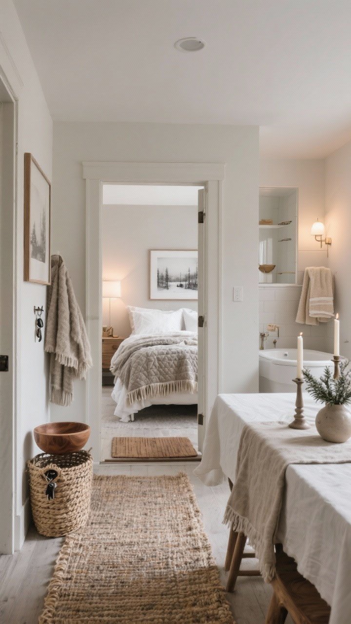 Wide composite scene showing “forgotten” zones upgraded in a cohesive neutral winter style: entryway with a textured runner, seagrass basket for scarves, and a warm wood bowl for keys; a peek into the bedroom with a quilt layered over a duvet, wool throw at the foot, flannel/percale winter-white sheets; dining table with a linen runner, ceramic candlesticks, simple stoneware; bathroom doorway hinting at plush oat/cream towels and a teak bath mat with a small vase of winter greens; seasonal neutral art (soft landscape/monochrome photo) on walls; warm, glowy lighting throughout, photorealistic, no people.
