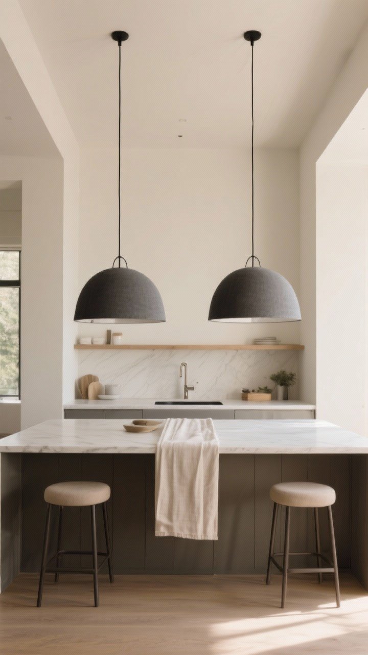 Wide composition: pair of oversized pendants (18–22 inches) in simple black or soft gray finish centered over the island, each leaving at least 6 inches from shade edge to island ends. Bottom of shades hang 30–36 inches above countertop to maintain sightlines. Minimal palette with linen runner and neutral stools; tall-ceiling room. Straight-on view, softly diffused warm light.