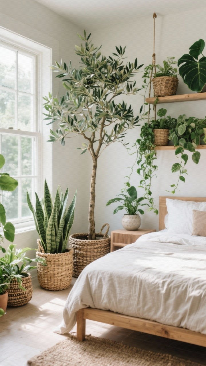 Wide corner shot of a bedroom filled with greenery: a tall olive tree (real or faux) near the window, ZZ plant and snake plant in woven basket planters on the floor, pothos trailing from a high shelf and philodendron cascading from a hanging planter; layered textures from baskets and ceramic planters; neutral bedding and wood accents; bright but soft natural daylight giving a fresh, airy, greenhouse-in-a-good-way feel.