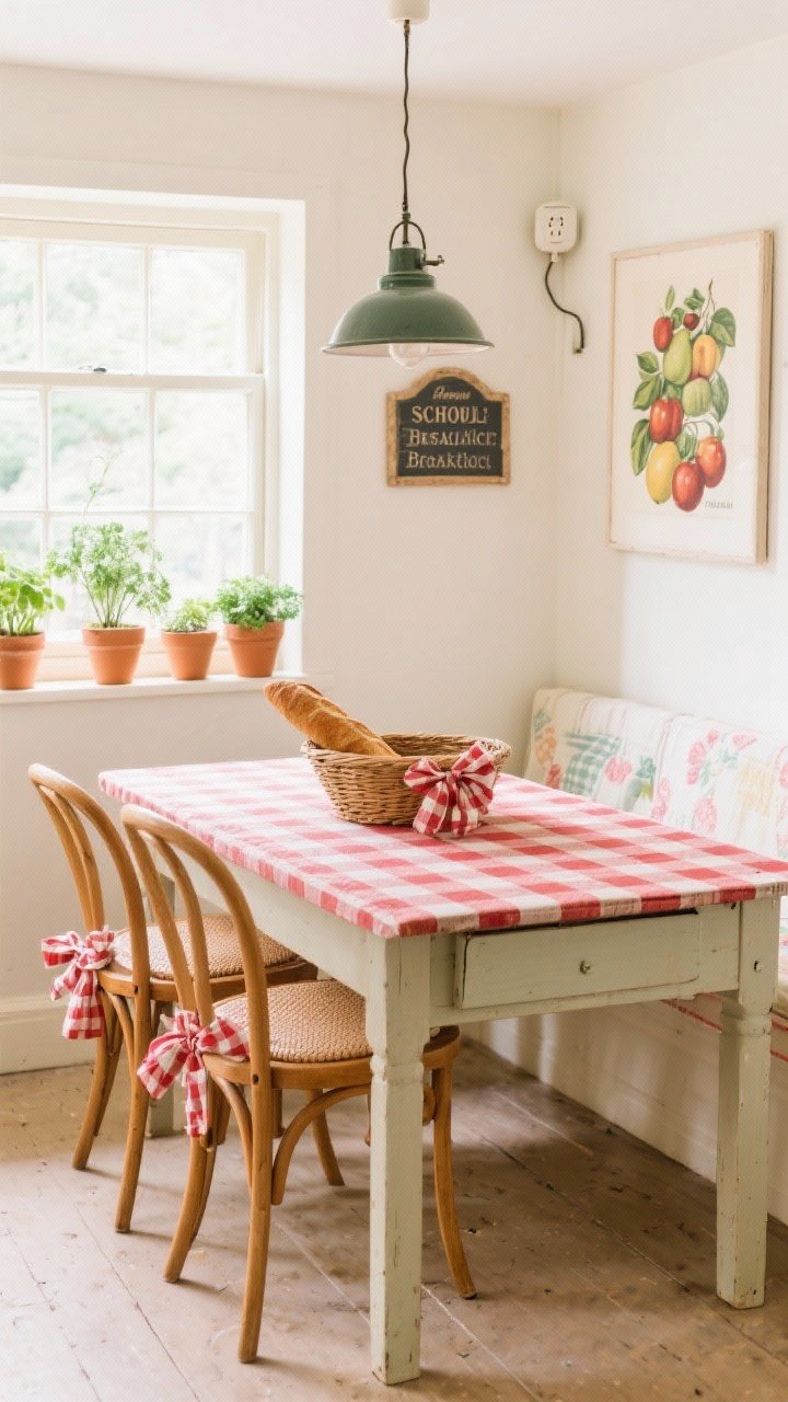 Wide dining nook shot with market-day charm: drop-leaf table covered in a red-and-cream checkered cloth, bentwood chairs with seat cushions tied in bows, long French bread basket centerpiece, window sill lined with terracotta pots of herbs, vintage fruit print on the wall, and a plug-in schoolhouse pendant overhead; bright, cheerful breakfast ambiance.