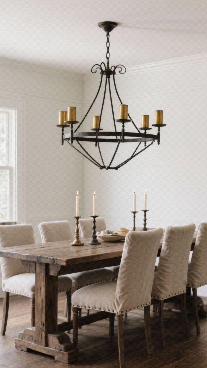Wide dining scene with a mixed-metal chandelier over a farmhouse dining table; black frame with brass candle cups for layered personality; chandelier width at about half to two-thirds of the table width; hung 30–34 inches above tabletop for an 8-foot ceiling; upholstered slipcovered chairs below balance the visible “candles,” creating a dramatic yet welcoming mood.