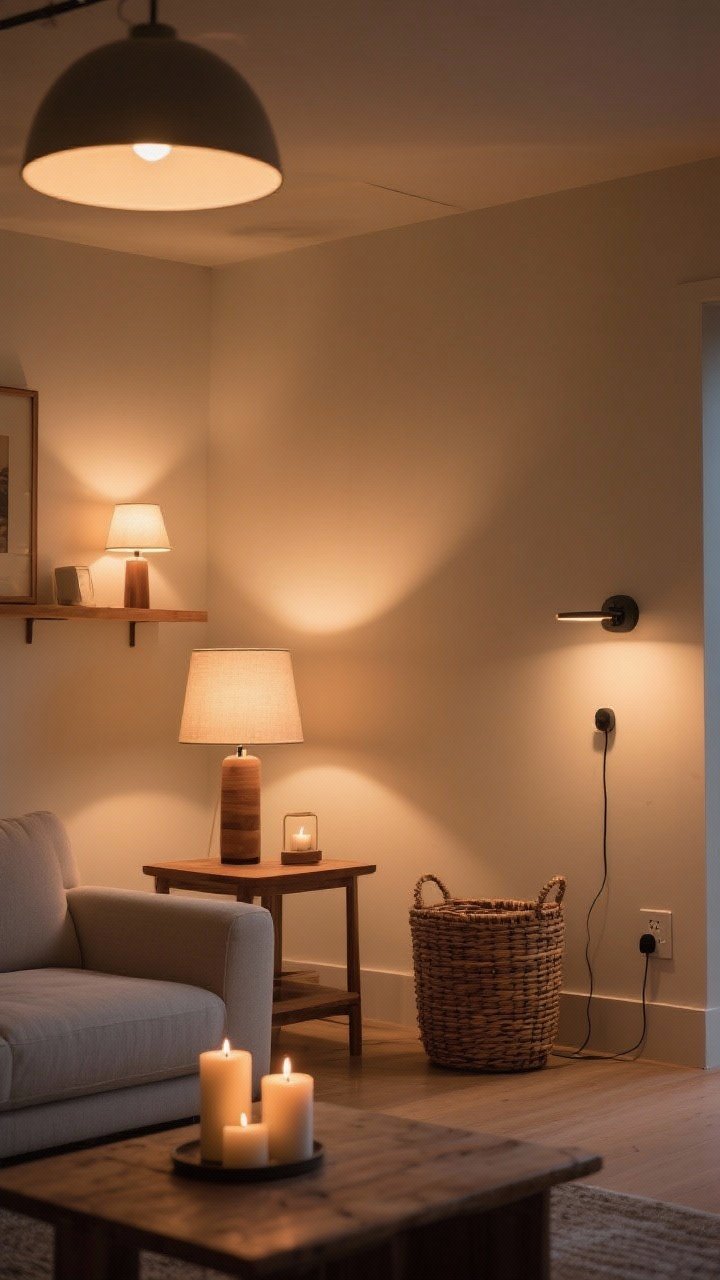 Wide evening living room scene showing layered warm lighting: multiple lamps on different planes (a table lamp by the sofa, a small lamp on a shelf, and a plug-in sconce on the wall), all with 2700–3000K dimmable bulbs; a couple of candles on a low table add a soft flicker; no harsh overhead lights; calm neutrals with wood accents, rattan basket in corner; optional smart plug on a visible outlet for subtle realism.