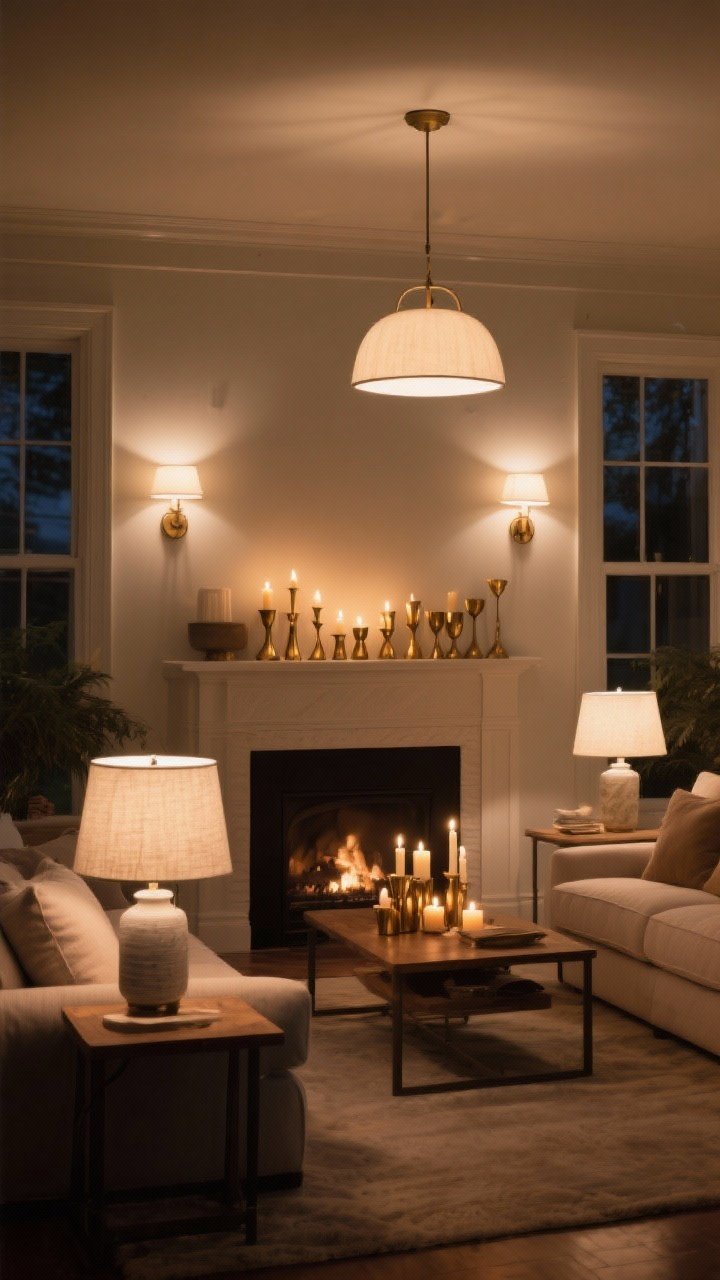 Wide evening shot of a living room layered for glow: warm white bulbs (2700K–3000K) in table lamps with fabric shades, a dimmed low-wattage pendant overhead, wall sconces casting soft pools of light, and a cluster of candles in mismatched brass holders on the mantel; cozy, glare-free ambiance with gentle highlights and deep, soft shadows.