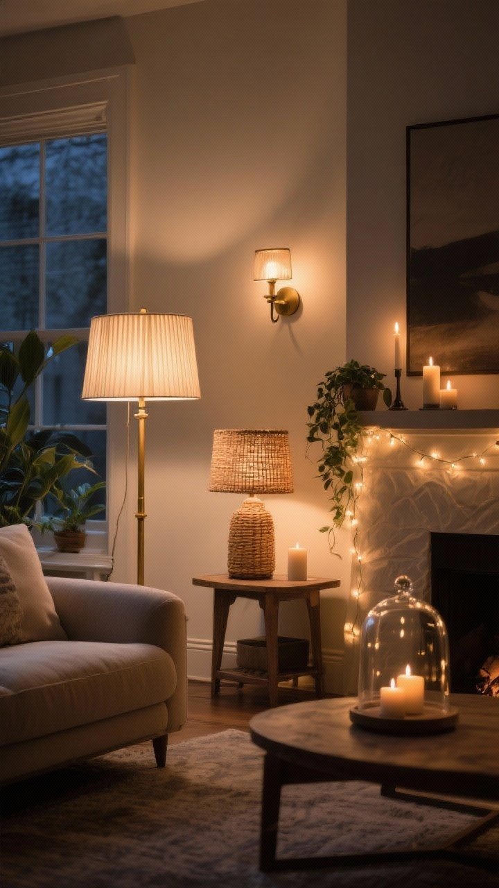 Wide evening shot of a living room with layered cozy lighting: one brass floor lamp with a pleated shade, one table lamp with a rattan shade, a wall sconce, and hurricane candles on a mantle; all bulbs warm 2700K on dimmers for a soft glow; fairy lights under a glass cloche on a shelf; neutral furnishings and plants subtly illuminated; photorealistic, moody yet inviting.