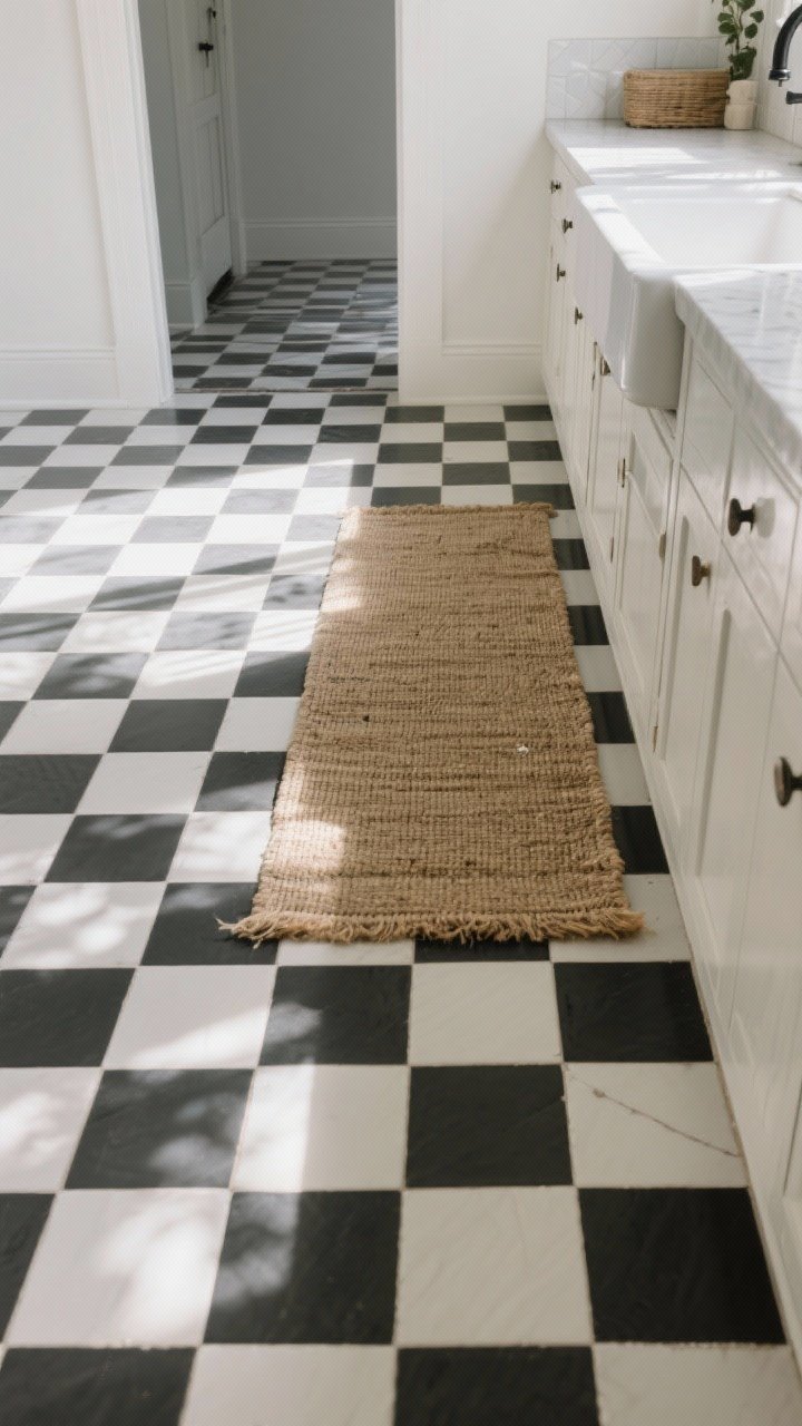 Wide floor-focused shot anchoring the room: black-and-white checkerboard tile laid diagonally, complemented by a natural jute runner down the galley; a washable rug at the sink adding muted earthy color; rug pads subtly visible at edges for stability; morning light grazing across the floor to emphasize pattern and texture; captured from a slightly elevated angle.