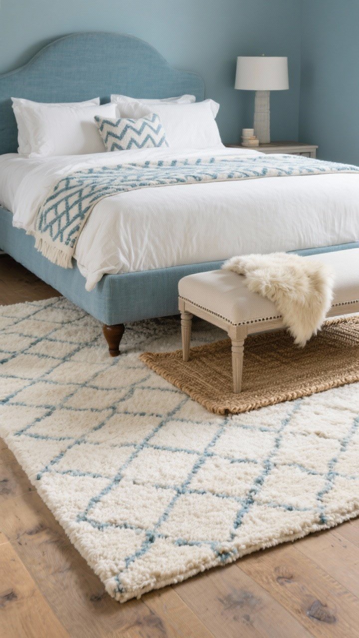 Wide floor-focused shot from foot-of-bed perspective: Rug solutions that anchor a glacier blue bedroom—an 8' x 10' hand-tufted wool rug in ivory/oat under a queen bed with front legs of furniture on it; nearby, a subtle geometric pattern runner with glacier blue accents partially layered; hint of a low-contrast vintage-look rug folded on a bench; optional layered jute base with a small sheepskin beside the bed; warm, grounded mood.