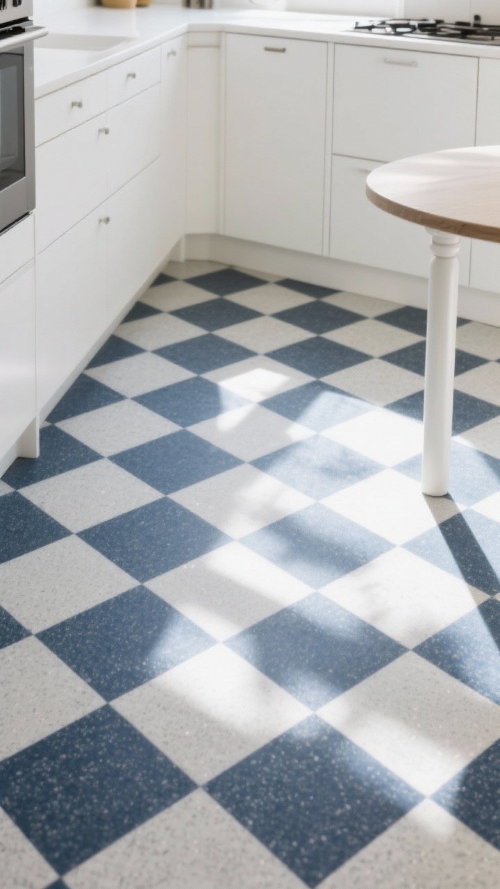 Wide floor-focused shot in a bright kitchen: checkered Marmoleum in navy and white, clean edges and low sheen, comfy underfoot; simple white base cabinets and a hint of a pedestal table leg to show scale; sunlight grazing across the floor to highlight texture and practicality, photorealistic.